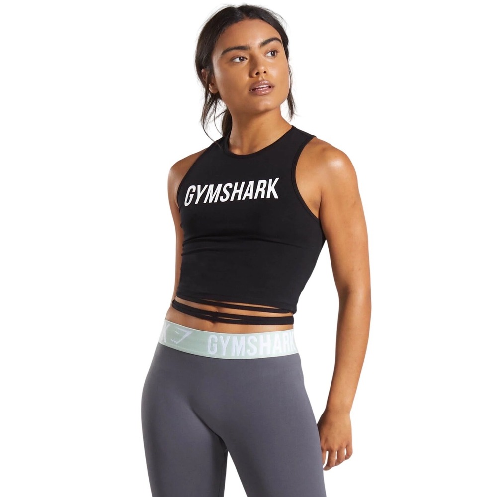 Gymshark Poise‎ Crop Tank Top Black XS Tie Waist Sleeveless Logo GLCT3170